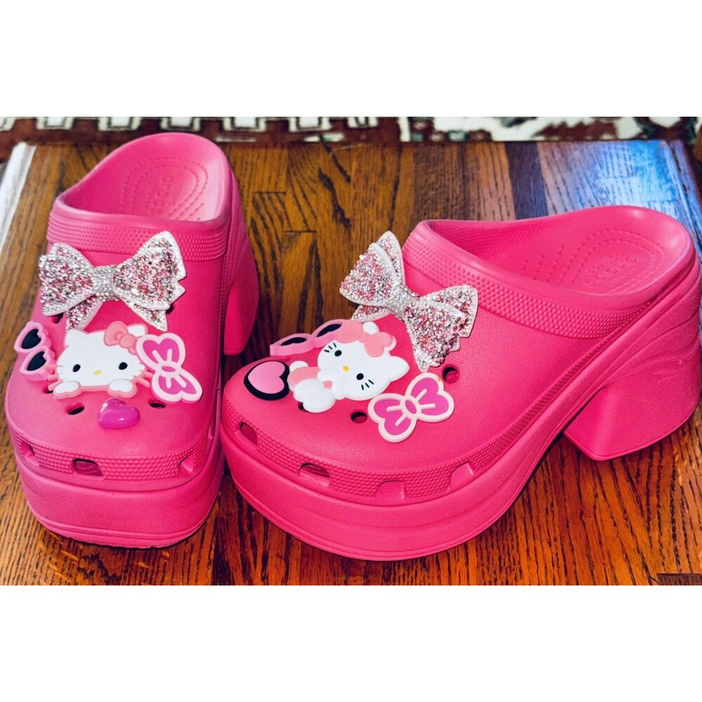 Crocs Siren embellished Hello Kitty jibbitz Platform Clog In Pink W8 New